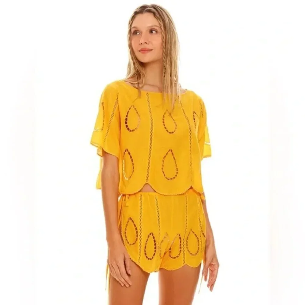 New Agua Bendita Bree Eames Embroidery Yellow Cover-Up Cut Shorts NWT